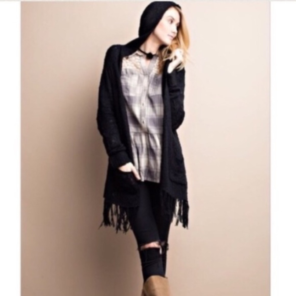 Popcorn Fringe Hooded Cardigan